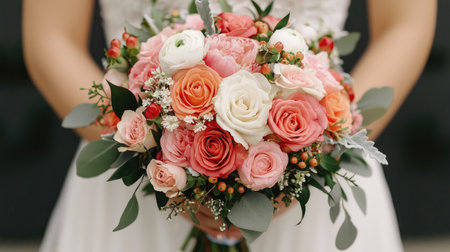 A beautiful bouquet of roses and other flowers held by a person, featuring soft pinks, whites, and greens, perfect for a wedding or special occasion.の素材
