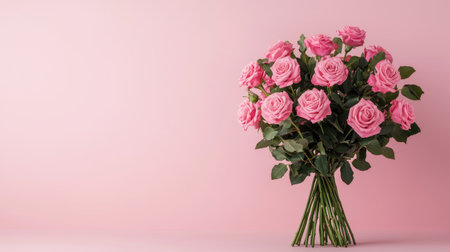 A beautiful bouquet of pink roses against a soft pink background, exuding elegance and charm.の素材