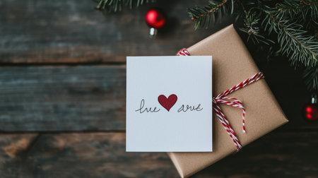 A beautifully wrapped gift with a heartfelt card featuring a red heart, surrounded by festive decorations, conveying love and holiday spirit.の素材