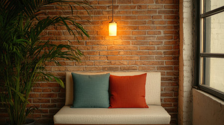 A cozy seating area featuring a brick wall, a soft sofa with colorful cushions, and a warm pendant light, creating a welcoming ambiance.の素材