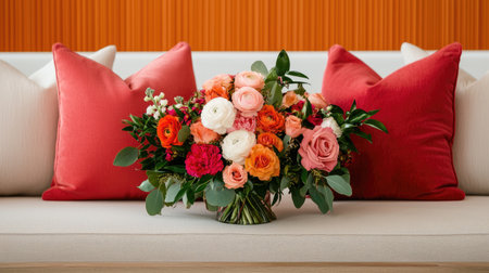 A vibrant floral arrangement in shades of orange and pink sits on a couch adorned with colorful pillows, creating a warm and inviting atmosphere.の素材