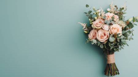 A soft bouquet of blush roses and greenery against a mint backdrop, perfect for weddings or celebrations.の素材
