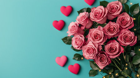 A vibrant arrangement of pink roses alongside red hearts on a teal background, perfect for romantic occasions or celebrations.の素材
