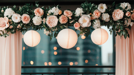 A floral arrangement featuring soft pink roses and hanging lanterns, creating an elegant backdrop with a romantic ambiance.の素材