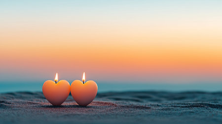 Two heart-shaped candles glow softly on a sandy beach at sunset, creating a romantic and serene atmosphere.の素材