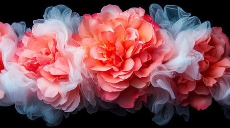 A vibrant arrangement of coral flowers surrounded by soft, ethereal wisps against a dark background, creating a stunning visual contrast.の素材