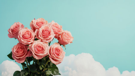 A bouquet of soft pink roses against a bright blue sky with fluffy white clouds, creating a serene and uplifting atmosphere.の素材