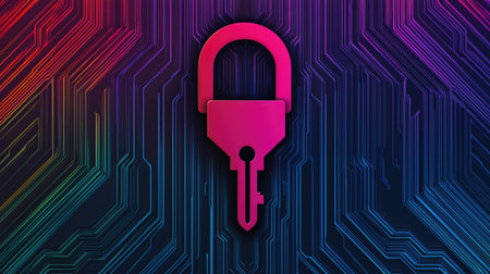A vibrant digital lock icon over a circuit-like background, symbolizing cybersecurity and data protection.の素材