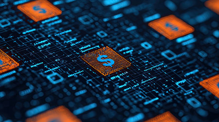 A digital illustration of a circuit board with glowing dollar signs, symbolizing finance and technology in a modern, interconnected world.の素材
