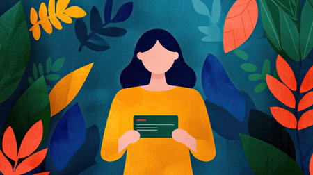 A woman in a vibrant yellow top holds a card, surrounded by colorful foliage on a blue background, creating a lively and welcoming atmosphere.の素材