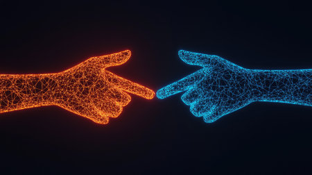 Two hands, one orange and one blue, reach out towards each other, glowing with a digital, pixelated effect against a dark background.の素材