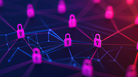 The image features a digital network with pink padlocks, symbolizing cybersecurity and data protection in a vibrant, tech-inspired environment.の素材