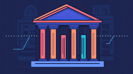 A colorful, stylized illustration of a classical building with columns, symbolizing stability, finance, or government.の素材