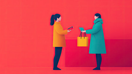 Two women exchanging gifts against a vibrant red background, one holding a phone while the other carries a shopping bag.の素材