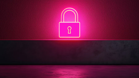 A vibrant pink neon lock against a textured red background, symbolizing security and protection.の素材