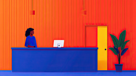 A vibrant reception area featuring a woman at a blue counter against bold orange walls, complemented by a yellow door and a green plant.の素材