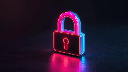 A vibrant neon padlock with a keyhole, symbolizing security and protection against unauthorized access, set against a dark background.の素材