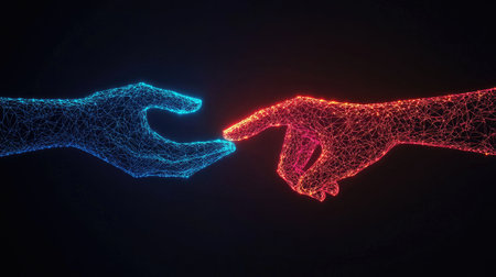 A digital representation of two hands reaching toward each other, one glowing blue and the other glowing red, symbolizing connection and interaction.の素材