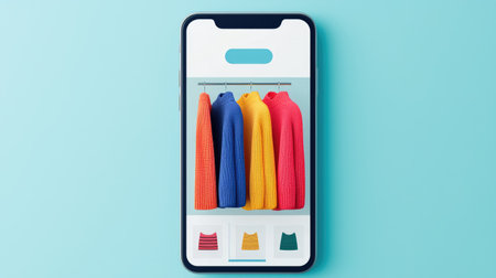 A smartphone displays a vibrant online clothing store showcasing colorful jackets in various hues against a light blue background.の素材