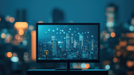A television displaying a vibrant cityscape at night, illuminated by lights, contrasts with a blurred urban background.の素材
