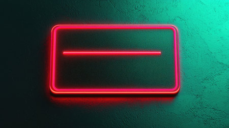 A glowing neon sign featuring a simple rectangular shape with a horizontal line in the center, set against a textured background.の素材