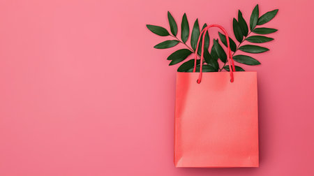 A stylish coral shopping bag with green leaves peeking out, set against a vibrant pink background, creating a cheerful and fresh aesthetic.の素材