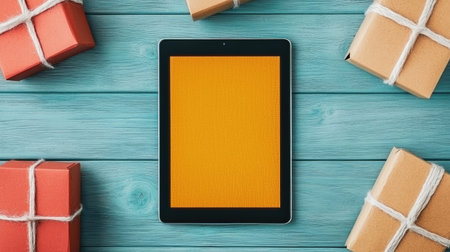 A tablet sits on a blue wooden surface, surrounded by wrapped gifts, creating a festive and inviting atmosphere for digital interactions and celebrations.の素材