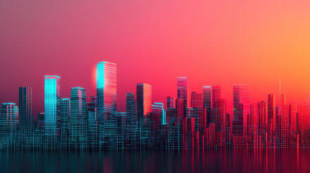 A vibrant city skyline at sunset, featuring modern architecture with a colorful gradient of orange and blue hues reflecting on water.の素材
