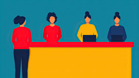 A colorful illustration showing a person standing in front of three others at a reception desk, all engaged in a friendly interaction.の素材