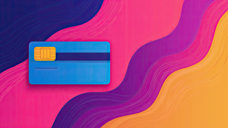 A vibrant credit card rests against a colorful abstract background, showcasing a blend of pink, purple, and orange hues.の素材