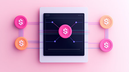 A digital illustration depicting a central dollar sign surrounded by connected coins, representing finance and digital transactions in a modern design.の素材