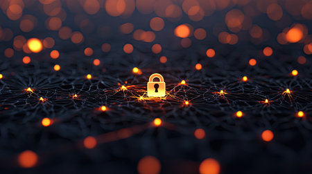 A glowing padlock icon surrounded by bright, ethereal lights, symbolizing digital security and protection in a networked environment.の素材