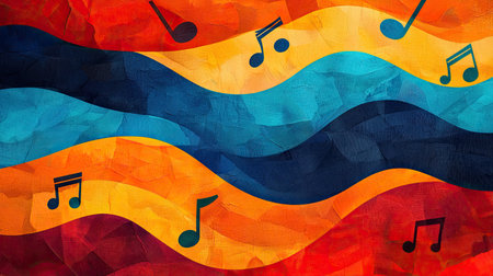 A vibrant abstract design featuring colorful waves and musical notes, evoking a sense of rhythm and harmony.の素材