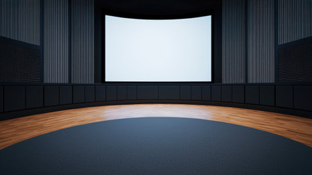 A modern auditorium with a large blank screen, surrounded by dark panels and wooden flooring, creating a professional presentation space.の素材