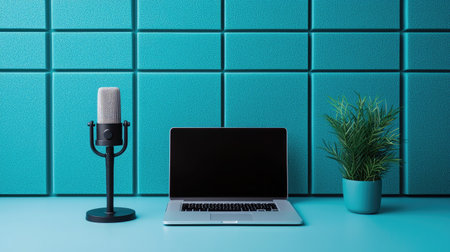 A minimalist workspace featuring a laptop, a microphone, and a potted plant against a vibrant turquoise wall.の素材