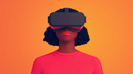 A woman wearing a VR headset stands against a vibrant orange background, highlighting the immersive experience of virtual reality technology.の素材