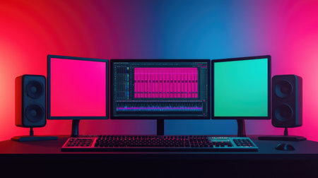 A modern computer setup featuring three monitors, colorful lighting, and speakers, ideal for gaming or creative work.の素材