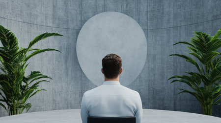 A serene individual sits in a minimalist, modern space, facing a circular wall feature, surrounded by lush greenery.の素材