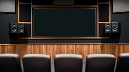 A sleek home theater setup featuring comfortable seating, a large screen, and surround sound speakers.の素材