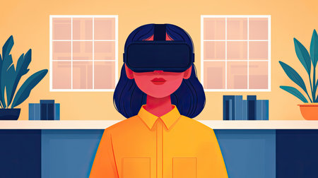 A person wearing a virtual reality headset stands in a brightly colored room, surrounded by plants and bookshelves.の素材