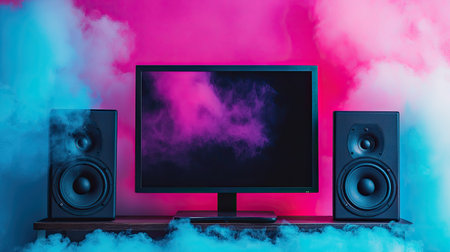 A modern setup featuring a monitor flanked by speakers, surrounded by colorful smoke, creating a vibrant and dynamic atmosphere.の素材