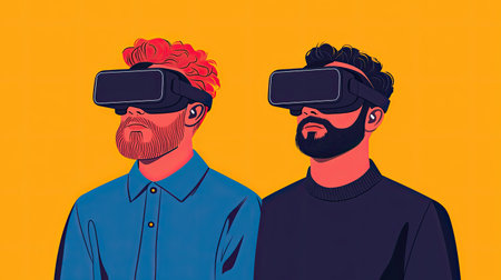 Two individuals wearing virtual reality headsets against a vibrant orange background, immersed in a digital experience.の素材