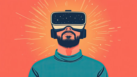 A person wearing a virtual reality headset, immersed in a digital experience, with vibrant colors and a glowing background enhancing the futuristic vibe.の素材