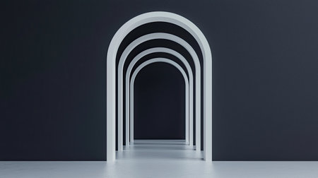 A minimalist interior featuring a series of white arches leading into a dark space, creating an elegant and modern aesthetic.の素材