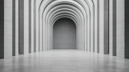 A minimalist architectural hallway featuring smooth arches, clean lines, and a serene, spacious atmosphere.の素材