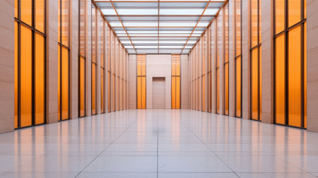 A modern corridor with orange glass walls and a bright ceiling, showcasing minimalist architecture and a spacious, inviting atmosphere.の素材