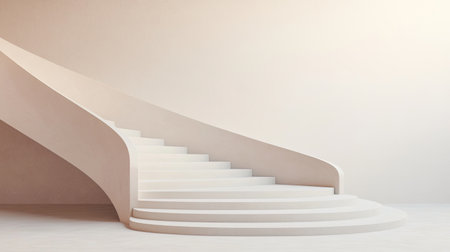 A minimalist staircase with smooth curves, leading upwards against a soft, neutral background.の素材