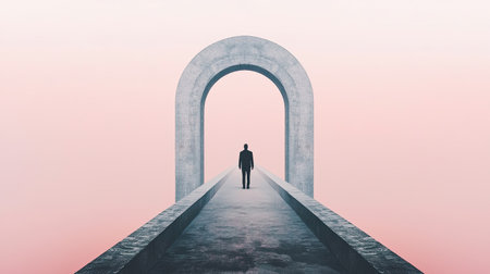 A solitary figure stands at the end of a pathway, framed by a large arch, against a soft, pastel backdrop, evoking a sense of introspection and tranquility.の素材