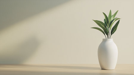 A minimalistic vase with a green plant sits on a wooden surface, illuminated by soft light against a neutral wall.の素材
