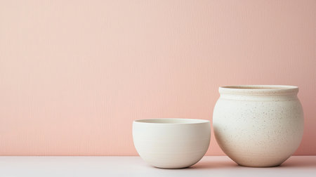 Two minimalist ceramic pots sit against a soft pink backdrop, creating a serene and modern aesthetic for home decor.の素材